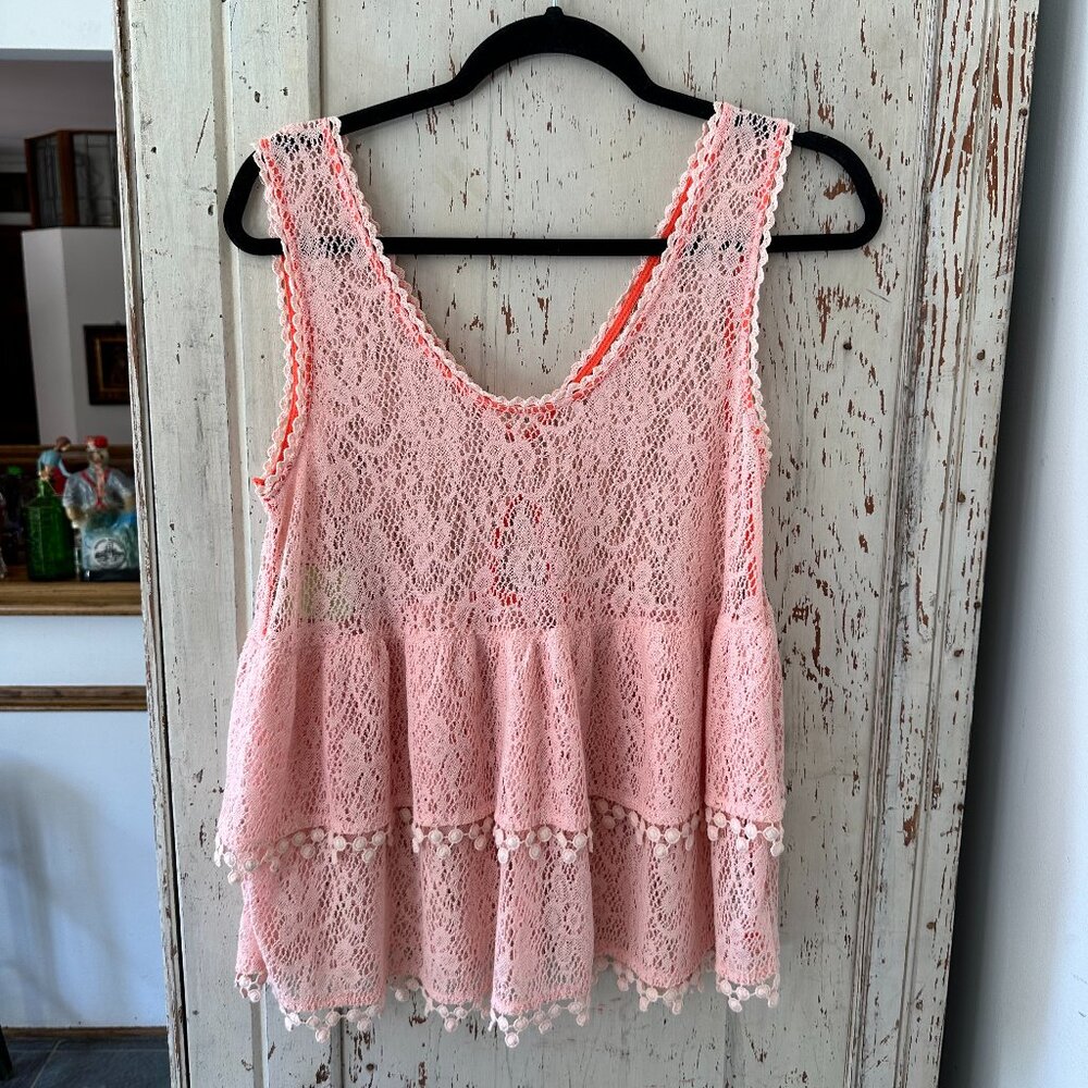FREE PEOPLE PEACH LACE TIERED BABYDOLL TOP